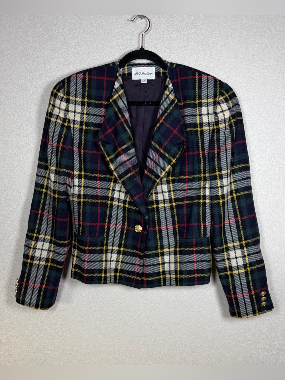 Vintage 100% Wool Tartan Plaid Blazer Cropped Single Button Academia Business 10